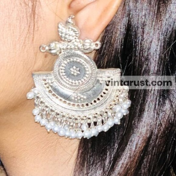 Indian Oxidized Big Earrings With Beads, Costume Handmade Earrings, Oxidized - Picture 4 of 5